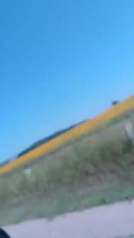 The video shows a blurry landscape from a moving vehicle. The sky is bright blue. A hillside is covered in green grass and some vegetation. There is a patch of yellow flowers or crops on the upper part of the hillside. White posts are visible along the hillside. A dark-colored car mirror is visible in the lower left corner of the frame.