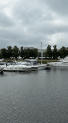 Riga marina on a grey August morning, boats at dock