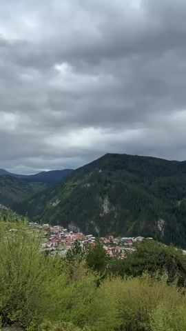 The video shows a wide shot of a town nestled in a valley surrounded by forested mountains under a cloudy, overcast sky. The town consists of buildings with red roofs and white walls. The mountains are covered in dense, green forests, and there is a notable clearing or ski run visible on one of the mountain slopes. Some green shrubs and trees are in the foreground, partially obscuring the view of the town. The camera slowly pans upwards, gradually revealing more of the mountain range and the cloudy sky. The general atmosphere is peaceful and somewhat somber, due to the overcast weather.