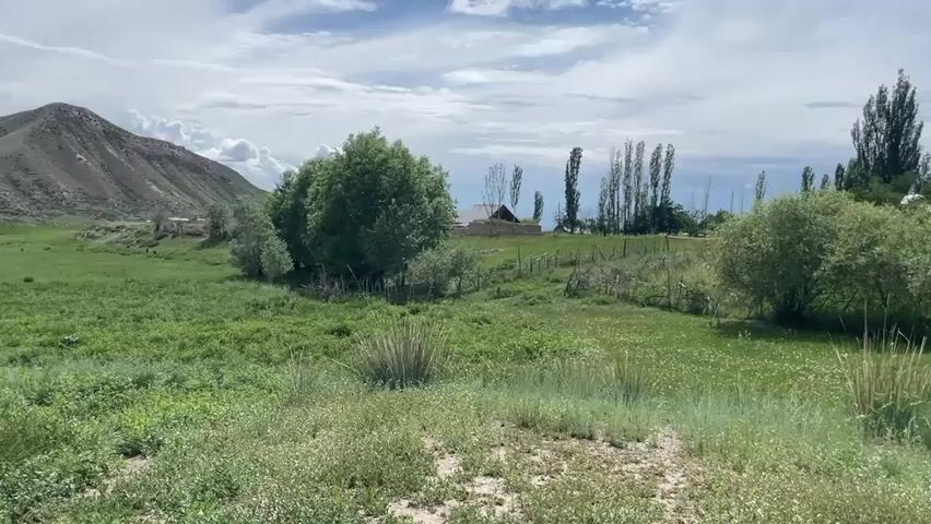 This is a panoramic video of a rural landscape with hills in the background and green fields in the foreground. There are some scattered trees and bushes throughout the scene. In the distance, a few buildings and a fence are visible. The sky is partly cloudy. The video appears to be shot on a bright, overcast day. There are no people or animals visible in the video. The camera pans slowly across the landscape, providing a wide view of the scenery. The video is shot from a slightly elevated position, looking down on the fields. The terrain is gently rolling, with some steeper slopes on the hills in the background. The vegetation is lush and green, suggesting that it is springtime or early summer.