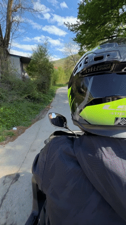 Two-person scooter ride observed on tree-lined road in Gabrovo