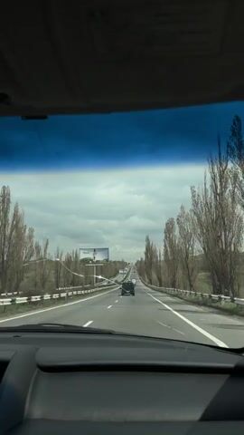 A first-person view from inside a car shows a road under a cloudy sky. The car is driving on a two-lane highway, with a double yellow line in the middle separating the lanes. There are sparse trees lining either side of the road. Other cars are visible driving in the same direction. A billboard featuring a product advertisement is visible in the distance.