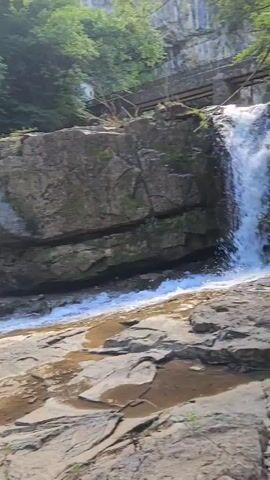 The video shows a waterfall flowing over rocks into a pool of water. The surrounding environment is lush and green, with trees and foliage growing on the rocky cliffs. The water is clear and appears to be moving at a moderate pace. The scene is natural and serene, with no signs of human activity.