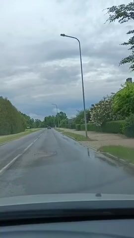 The video shows a view from the inside of a car driving on a wet road under a cloudy sky. The road is paved and appears to be a two-lane street. There are trees and hedges lining the road on both sides. A lamppost is visible on the right side of the road. In the distance, a few cars and houses can be seen. The overall impression is of a suburban or rural setting on a damp day.