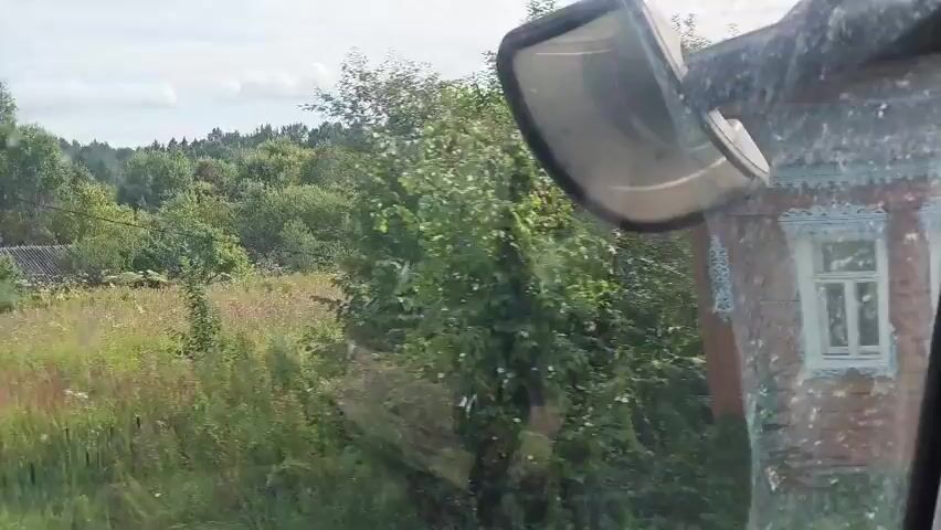 The video shows a view from inside a vehicle, looking out at a rural landscape. In the foreground, there is a rearview mirror and a portion of the vehicle's interior. Outside, there is a grassy field with tall weeds and bushes. In the distance, there are trees and a small house with a red roof and green walls. A striped pole with a number 30 on it is visible near the side of the road. The camera pans slightly to the right, revealing more of the field and trees. The video appears to be taken during the daytime, with a cloudy sky. There are no people visible in the video.