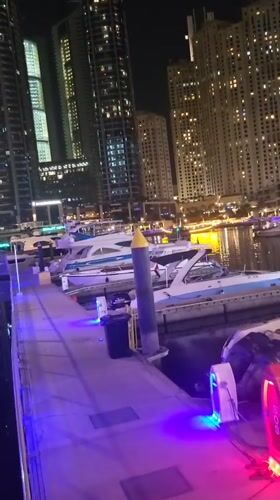 Dubai marina illuminated with purple and blue lights at night