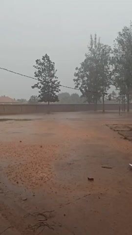 The video shows a heavy rain falling over a muddy outdoor space next to a one-story brick building. The building has a corrugated metal roof, blue window frames, and blue doors. The ground is a reddish-brown color. There are a few scattered objects on the ground and trees in the background. The sky is overcast. The camera pans slightly to the right, following the length of the building.