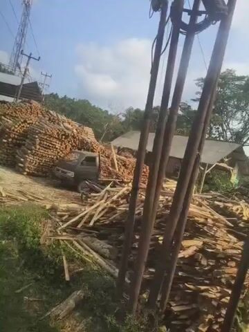 THE VIDEO SHOWS A SCENE THAT APPEARS TO BE A LUMBER YARD OR A FOREST CLEARING. IN THE FOREGROUND, THERE ARE SEVERAL TALL, THIN POLES OR POSTS, POSSIBLY WOODEN OR METAL, STANDING VERTICALLY. SOME OF THESE POLES HAVE BLACK CIRCULAR OBJECTS WRAPPED AROUND THEM, WHICH COULD BE CABLES OR ROPES. BEHIND THESE POSTS, THERE IS A LARGE PILE OF LOGS OR LUMBER, STACKED HIGH. FURTHER IN THE BACKGROUND, THERE ARE SOME STRUCTURES THAT RESEMBLE SHEDS OR SMALL BUILDINGS. THE AREA IS LUSH WITH VEGETATION, INCLUDING TREES AND GRASS, SUGGESTING A RURAL OR SEMI-RURAL ENVIRONMENT. THE SKY IS VISIBLE AND APPEARS TO BE CLOUDY. THE VIDEO SEEMS TO BE SHOT FROM A MOVING VEHICLE, AS INDICATED BY THE SLIGHT BLURRING AND THE PERSPECTIVE. THE OVERALL IMPRESSION IS OF AN ACTIVE WOOD PROCESSING OR STORAGE AREA IN A NATURAL SETTING.