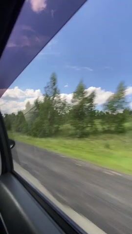 This video shows a view from the inside of a vehicle traveling on a road. The camera is positioned to look out of the side window, and the landscape outside is blurred due to motion. We see a road with a yellow line on the right side, bordered by a grassy shoulder and a dense forest of green trees. The sky is blue with scattered white clouds. The interior of the car is visible in the foreground, including the car's door panel and a tinted portion of the window.