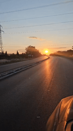 Golden hour drive toward the sun, Stara Zagora