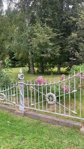 The video pans across an ornate, weathered white metal gate, showing details of its decorative elements, including floral motifs and a pineapple-like finial. The gate is partially open, revealing a pathway leading to a large, light-colored building with a classical facade, featuring columns and arched windows. Red roses bloom along the pathway, and trees and lush green grass surround the scene. The sky appears overcast.