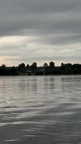 The video shows a wide, calm body of water with ripples on the surface. In the distance, a tree line forms the horizon, with a few houses or buildings visible amongst the trees. Above the trees, a cloudy, overcast sky dominates the frame. The overall impression is a serene, somewhat moody landscape scene, likely captured from a boat or shore.