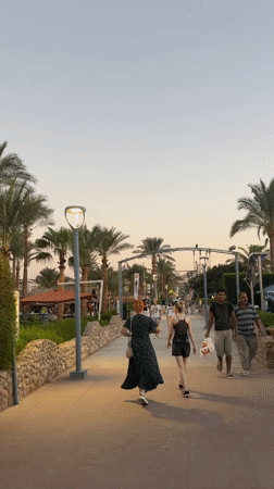 Sharm El Sheikh resort strip winding down into a summer evening