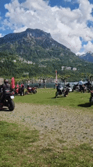 Motorcycle group gathers lakeside in Brunnen, Switzerland