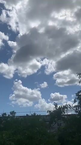 The video shows a sky with clouds and trees. The clouds are white and gray, and the sky is blue. The trees are green and leafy. In the background, there is a building with a white facade. The video is shot from a low angle, looking up at the sky.