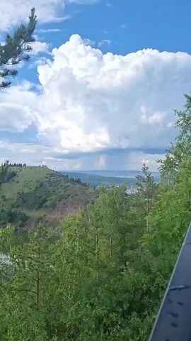 The video is a vertical, panning shot from a high vantage point overlooking a river and a forested landscape. The sky is partly cloudy with large, fluffy white clouds against a blue sky. In the foreground, there are several pine trees and deciduous trees with green foliage. A large pine tree dominates the left side of the frame in the initial shots. The middle ground features a rolling green hill with some scattered trees and a body of water, likely a river, to the left of the hill. The background shows a distant, densely forested landscape with a hazy horizon. In the far distance, hints of buildings or structures can be seen. The camera pans slowly to the right, revealing more of the river and the dense forest on the opposite bank. The overall impression is of a serene, natural landscape on a partly cloudy day. There are no people or discernible actions taking place. The focus is on the natural environment.