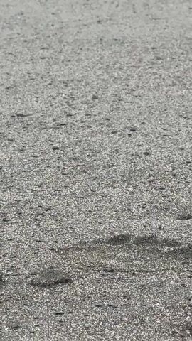 The video displays a close-up, low-angle view of a sandy surface, likely a beach. The sand appears dark gray and coarse, with small pebbles mixed in. There are subtle undulations and ripples in the sand, suggesting the movement of water or wind. The lighting is bright and even, indicating an outdoor setting, possibly during the daytime. No people, animals, or any other objects are visible in the frame. The focus remains consistently on the texture and composition of the sand.