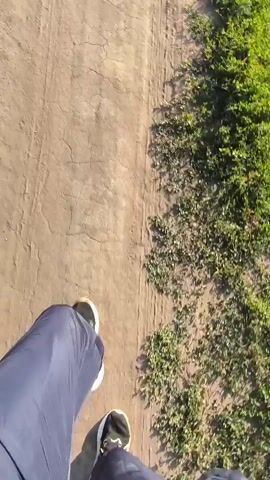 The video begins with a first-person perspective shot of someone walking on a dirt path. The person's legs and feet are visible, wearing dark pants and athletic shoes. The path is surrounded by dry grass and a field of yellow crops, likely wheat, to the left. To the right, there is a dense line of green bushes or trees. As the video progresses, the perspective shifts to a higher angle, revealing more of the landscape. The dirt path continues into the distance, winding through the fields under a clear blue sky. The camera moves smoothly, giving the impression of a steady walk or perhaps a drone recording. The sun is bright, casting shadows on the path and illuminating the fields. The scene suggests a rural or agricultural setting on a sunny day.