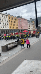 Yellow vest protesters gather with signs in Bergen square