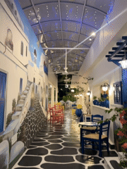 Greek-themed restaurant interior documented in Denpasar, Indonesia
