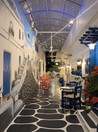 Greek-themed restaurant interior documented in Denpasar, Indonesia