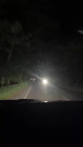 The video shows a first-person view from inside a car driving on a road at night. The car's headlights illuminate the dark road ahead, with trees lining both sides. Several other vehicles are visible on the road, their headlights creating bright spots in the darkness. The road appears to be paved and has white lane markings. There are occasional streetlights or lights from buildings visible in the distance. The overall impression is of a nighttime drive through a somewhat rural or suburban area.