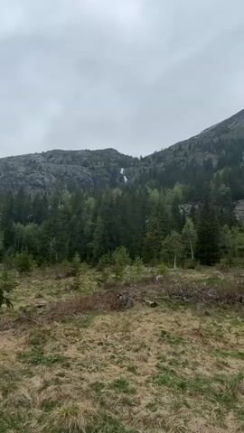 The camera pans up a hillside from a vantage point near a forest. The landscape is primarily green with evergreens and a light-colored grass or scrub in the foreground. A waterfall is visible on the face of the hillside at a distance. The hillside culminates in a rocky and grey peak. Near the end of the shot, an old, wooden building with a red roof comes into view at the bottom right of the frame. The sky appears overcast.