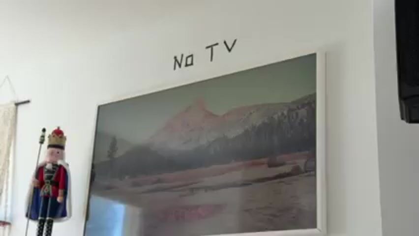 The scene shows a section of a white wall with a large framed picture hanging on it. Above the picture, in black letters, is the phrase "No TV". The picture depicts a landscape with a mountain in the background. To the left of the picture is a decorative nutcracker figure wearing a red and blue uniform and a gold crown. To the right of the picture, partially visible, is a black speaker or vent. The wall is painted white, and the lighting appears to be natural.