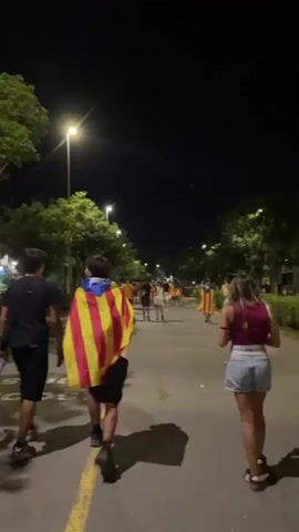 Three people walk away from the camera down a paved road at night. The person in the middle is wearing a yellow and red striped cape, possibly a flag. The person on the left is wearing a black t-shirt and black shorts. The person on the right is wearing a pink tank top and denim shorts. Trees line the sides of the road, and streetlights are visible in the distance. Other people, some also holding flags, can be seen walking further down the road. The scene appears to be outdoors in a public area.