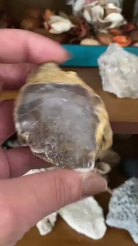 A hand is holding a rough, earth-toned rock with a translucent, crystalline interior. The rock is positioned in the center of the frame, with the hand's fingers curving around its bottom and side. The background shows a wooden shelf with various other rocks and dried decorative elements, suggesting a collection or display. The lighting is soft and natural, casting gentle shadows.