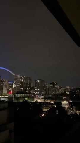 A night time aerial view of a city skyline. A large blue arch, possibly a bridge or Ferris wheel, is visible in the background. Numerous buildings with illuminated windows are spread across the cityscape. The foreground is dominated by dark silhouetted trees and the tops of buildings. The sky is dark and overcast.