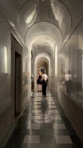 The video shows a long, arched hallway with marble walls and a checkered floor. Two women are visible in the distance, one in a black dress and the other in a striped shirt and black pants. The woman in the striped shirt is holding a phone, possibly taking a picture. The hallway is lit by ambient light, creating a somber and elegant atmosphere. The reflections on the marble walls suggest a large, grand interior space, possibly a museum or a historical building. The checkered floor adds a graphic element to the scene, drawing the viewer's eye towards the end of the hallway. The overall impression is one of quiet exploration and architectural beauty. The location context of San Lorenzo De El Escorial, Spain, further suggests a historical or religious site, known for its impressive architecture and significant cultural heritage.
