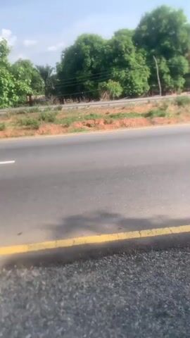 The video shows a gray van driving on a two-lane road. The road has a solid white line separating the lanes and a solid yellow line on the right edge. The environment is tropical, with green trees lining the road. The sky is blue with some clouds. The van is moving from right to left in the video frame. The video seems to be taken from a stationary position near the edge of the road.