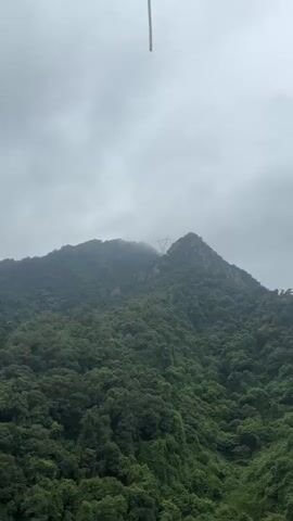 The video shows a panoramic view of a lush, green mountainous landscape under a cloudy sky. The camera pans across the dense forest covering the slopes of the mountains, revealing a winding road and a suspension bridge with glass walkways. A tall, modern-looking tower, likely part of the bridge's structure, is visible in the distance. The scene is serene and natural, with no people or animals immediately visible in the frame.