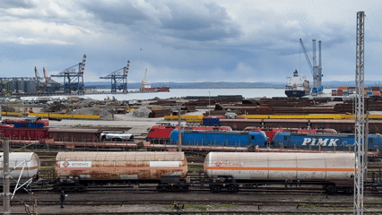 Train cars crowd busy Burgas port in Bulgaria