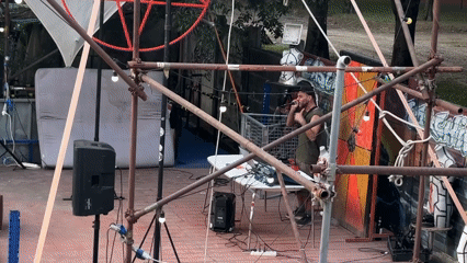 Street performer sings on makeshift stage in Milan