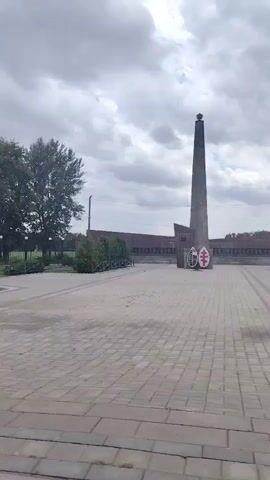 The video begins with a wide shot of an overcast sky and a brick building with a tall tower. A paved walkway leads towards the building, bordered by a garden with rose bushes on the left. The camera then pans to the right, revealing a traffic light and a sign with Cyrillic text. A car's side mirror is visible in the lower left corner, reflecting the person filming. As the video continues, the view shifts to show more of the street, including buildings, trees, and a pedestrian crossing with a yellow sign. A dark gray SUV is parked in front of a building with Cyrillic lettering, and a person in a blue shirt is walking across the street. The camera angle then moves further to the right, showing the interior of the car's side mirror once more, with the person filming visible. The background shows more buildings and trees.