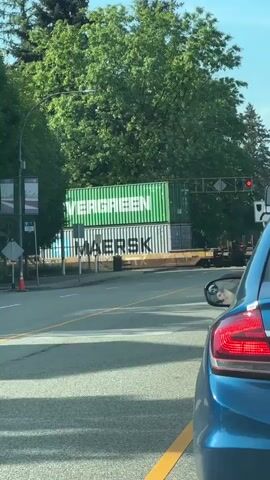 A train with stacked shipping containers passes by on a sunny day. The top container is green with the word “EVERGREEN” printed in large white letters. The container below is gray and white, and the word “MAERSK” is printed in large black letters. The train is passing in front of a tree-lined street. A car sits at the intersection in front of the train. The car's brake lights are on. The railroad crossing signal lights are flashing red. The side mirror of the car is visible, showing the reflection of a person's head.