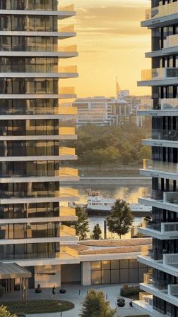 Golden hour at Belgrade Waterfront, streets and skyline