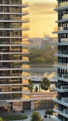 Golden hour at Belgrade Waterfront, streets and skyline