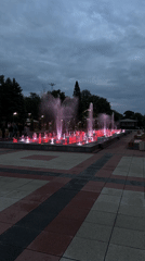 Evening fountain display draws observers in Montana, Bulgaria