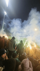 Flares light up stadium crowd in Dobrich, Bulgaria