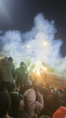 Flares light up stadium crowd in Dobrich, Bulgaria