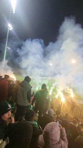 Flares light up stadium crowd in Dobrich, Bulgaria