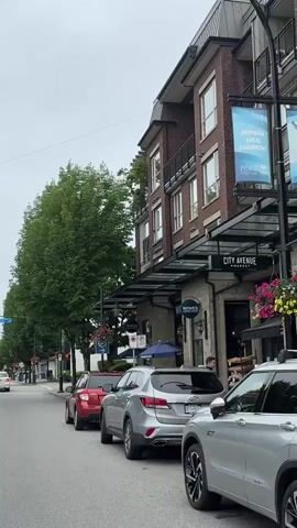 The video shows a street scene with several cars parked and driving on the road. There are buildings on the right side of the street, some with awnings and signs, including one that says "WAVES". Trees line the sidewalk, and there are traffic lights visible. The sky is overcast. The camera appears to be mounted on a vehicle moving down the street.