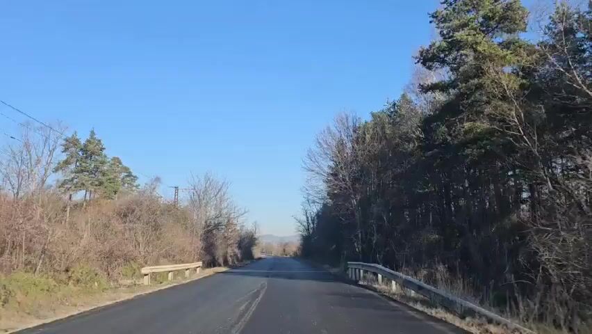 A vehicle travels on a paved road through a rural landscape. On either side of the road are trees, some of which have lost their leaves. A clear blue sky is visible overhead. There are roadside barriers on either side of the road. Utility poles and wires are visible in the distance. The road appears to be slightly wet.