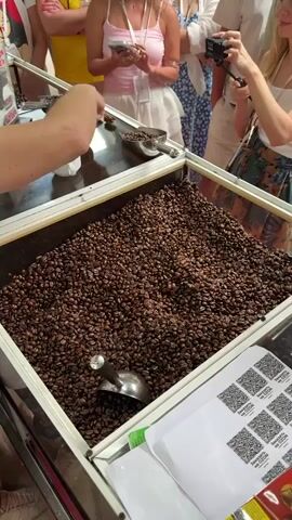 The video provides a close-up view of a large, open display bin overflowing with dark brown, uniformly roasted coffee beans. A metal scoop rests within the beans, and another smaller scoop filled with beans is placed on the rim of the bin.

On the left side of the frame, a person's arm and hand are visible, actively scooping coffee beans, likely into a small white container that is partially visible. Surrounding the bin in the background, a group of people, appearing to be customers or tourists, observe the activity. Most are casually dressed in light summer attire, including tank tops, skirts, and dresses.

Notable individuals include a person on the right holding a small action camera (resembling a GoPro) mounted on a selfie stick, filming the scene. Another person in the center-back is seen holding a smartphone.

On the lower right side of the frame, a sheet of white paper printed with multiple black QR codes is visible, along with some barely legible text underneath. This suggests product information, purchasing options, or marketing material.

The scene takes place in what appears to be an indoor or covered market stall or a specialized coffee shop in Hiệp Thạnh, Vietnam. The atmosphere is bustling and engaged, typical of a popular local attraction or retail experience. The bright lighting indicates it is daytime.