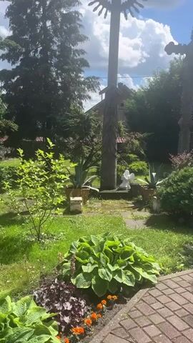 The video shows a serene outdoor scene with two large wooden crosses in the background. The crosses appear to be intricately carved and have a weathered, aged appearance. In front of the crosses, there is a small white statue of an angel. The ground in front of the crosses is paved with stones, and the area around it is covered in lush green grass and various plants, including hostas and agave plants. The lighting suggests it is daytime, with sunlight filtering through the trees and casting shadows. The overall atmosphere is peaceful and contemplative, suggesting a religious or memorial site.