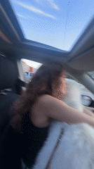 Woman and Samoyed dog travel through Chaikovsky during sunset