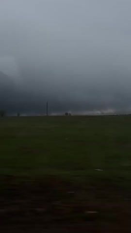 The video shows a flat, green field under a dark, ominous sky. The sky is heavily overcast with dark storm clouds, suggesting an impending storm. A few bare trees are scattered across the field, along with a lone utility pole. The camera appears to be moving, possibly from a vehicle, as the foreground is blurred. The overall scene evokes a sense of foreboding and the approach of bad weather.